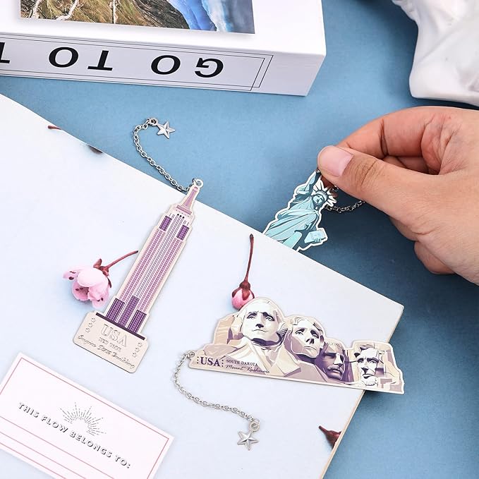 6 Pcs Silver Metal Bookmarks, Elegant Statue of Liberty America Famous Landmark Building Theme Bookmark for Women, USA Commemorate Bookmark Gift for Book Lovers Writers Readers Girls Teenage Children