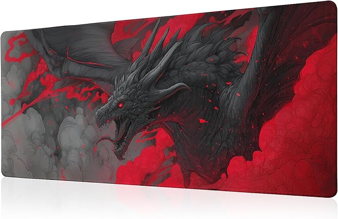 Huge Dragon Mouse Pad Desk Mat XL Extended Large Gaming Desk Pad Mousepad, Red and Black Computer Laptop Keyboard and Mouse Mat, Desktop Protector Mat for Office and Home 31.5x11.8 in
