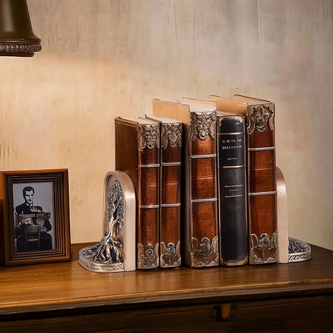 Antique Bronze Color Tree of Life Bookends Set, 2 Non-Skid Heavy Bookends for Shelves or Bookcase, Decorative Bookends for Desktop Shelf Decor, Library Office Decor, Home Décor Gift