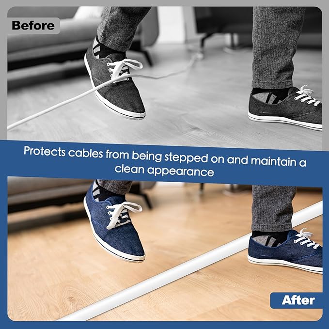 Floor Cord Cover for Wires on Floor Self Adhesive Cord Hider Floor Cable Management Wire Covers for Cords Protector Prevent Cable Trips Cord Cavity W 0.59" x H 0.31", White, 20Ft