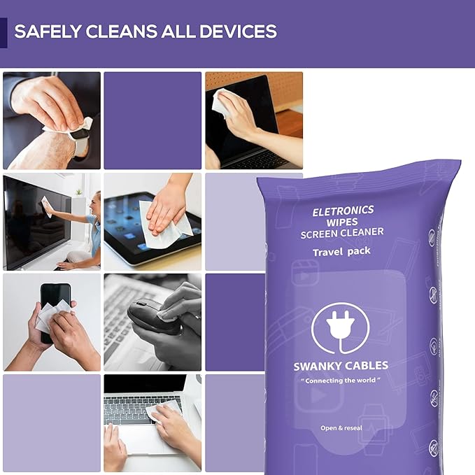 Swanky Wipes: Screen Cleaner Wipes - Electronics, Computer, TV, Laptop Monitor & Lens Cleaner, Travel Size Cleaning Wipes for Home, Office & On-the-Go, Includes Microfiber Cloth - Soft Wipes, 90 Count