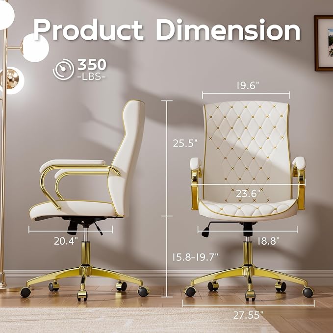 White and Gold Office Chair with Soft Leather Embroidery, Mid Back Vintage Swivel Executive Desk Chair with Wheels and Padded Arms, Adjustable Height