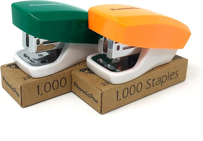 Aria Premium Mini Stapler Set by PraxxisPro - with Built-in Staple Removers, 2000 Standard Staples Included - for Office, School, and Travel, Set of 2, Orange & Green