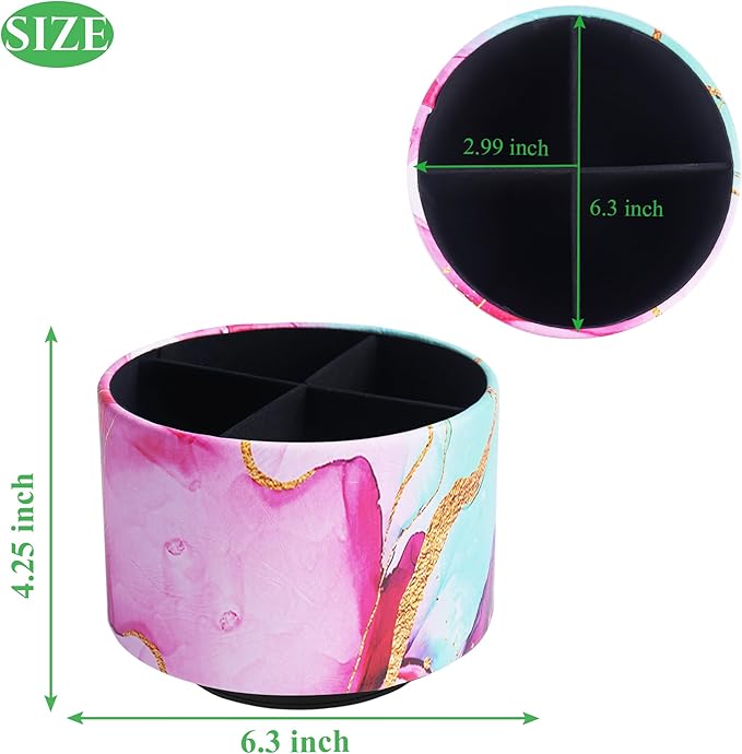 Round Leather Art Supply Organizer,Remote Control Holder,360-degree Rotating Pen Organizer with 4 Compartments(1-Red Green Splash Ink)