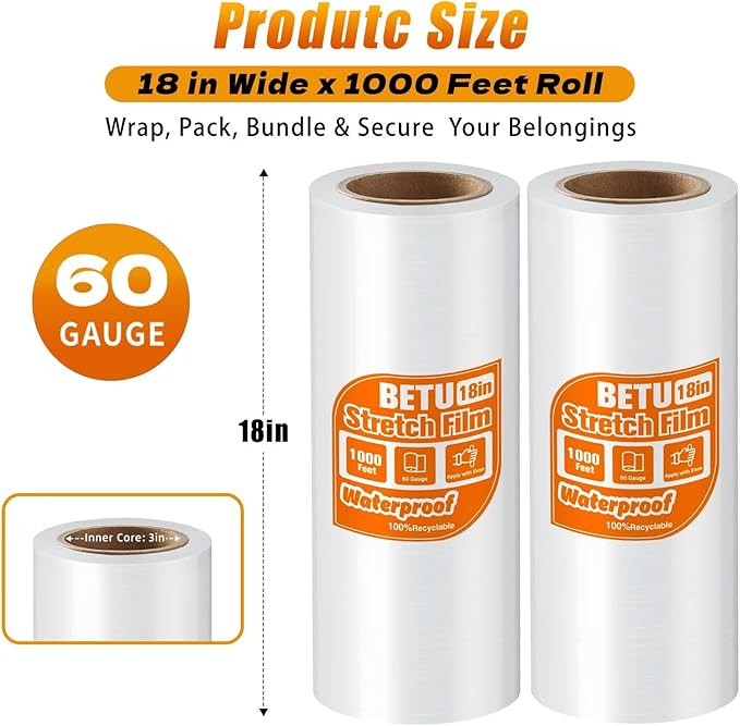 BETU Plastic Wrap Stretch Film for Moving Supplies 18inch X 1000ft, Shrink Wrap Stretch Roll Industrial for Furniture Wrapping Shipping Pallet Moving Boxes Storage with Handles, 2 Pack, Clear