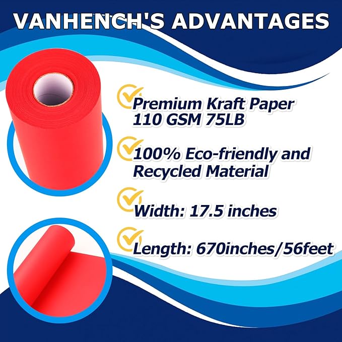 Vanhench 17.5"×963" Red Wrapping Paper Roll for Women Kids, Solid Color Art Kraft Craft Paper for Wedding, Birthday, Mothers Day Gifts, Bouquet Flower Poster Bulletin Board