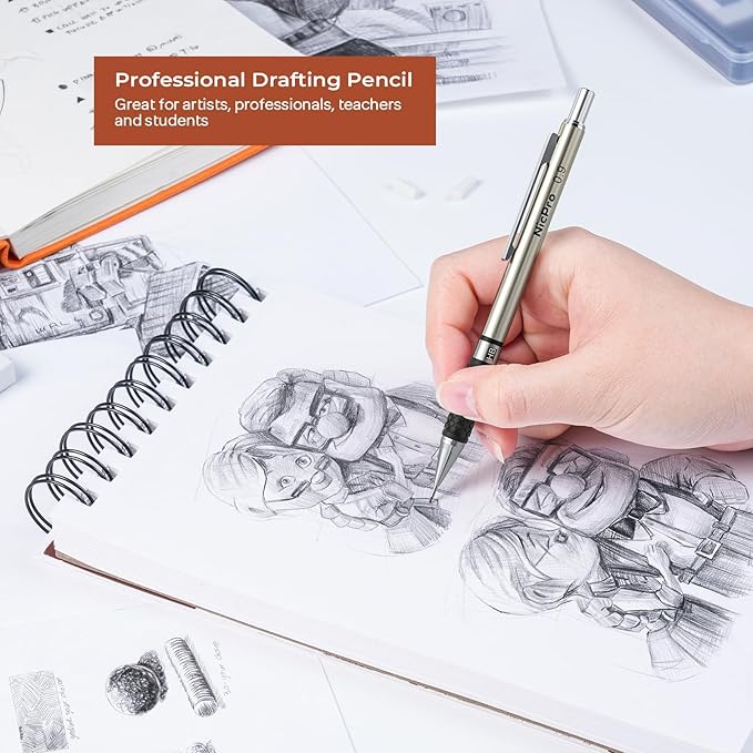 Nicpro 0.9 mm Art Mechanical Pencils Set in Gift Case, 6 PCS Metal Drafting Pencil 0.9mm with 6 Tube HB Lead Refills & 18 PCS Eraser Refills for Adults, Children, Artist Writing, Drawing, Sketching