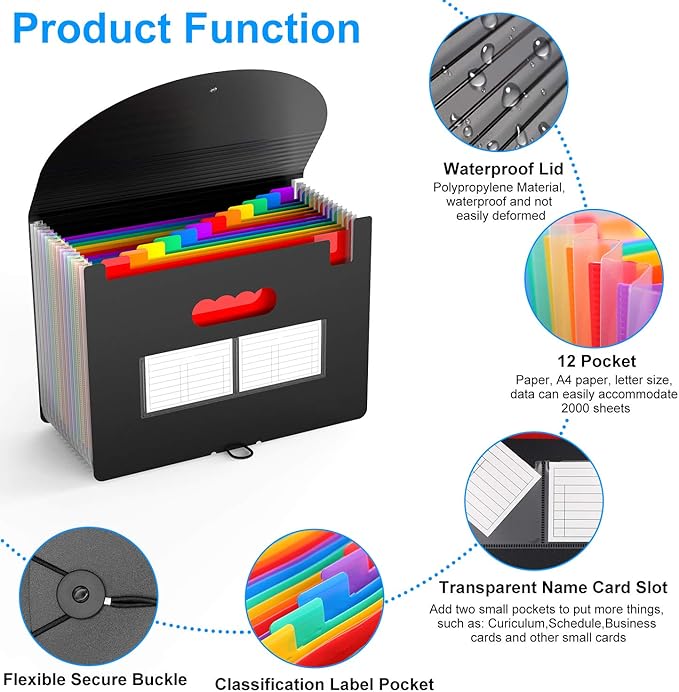 Accordion File Folder, 12 Pocket Expanding Desktop File Keeper with Labels, Portable Monthly Bill Receipt Document Storage Organizer, Letter/A4 Size