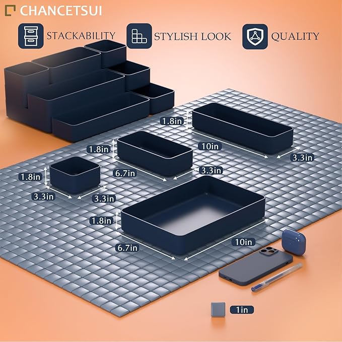 9 Pcs Stackable Drawer Organizer Trays Set, Multifunctional Stackable Storage Trays for Vanity, Bathroom, Kitchen, Desk Drawer Organizer Office. Plastic Drawer Organizers Available In 5 Colours, Blue