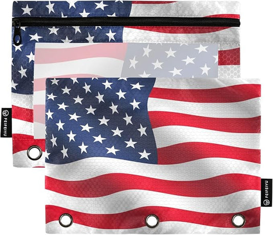 Waving USA American Flag Pencil Pouch for 3 Ring Binder, 2 Pack Waterproof Pencil Bags Clear Window Zipper School Office Supplies