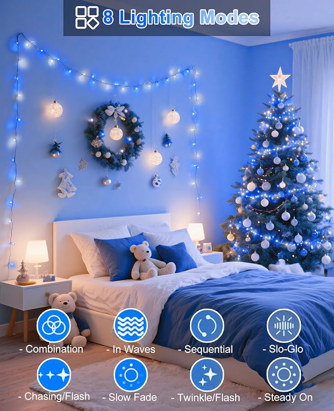 157FT 480 LED Christmas Lights Outdoor, Christmas Tree Lights Waterproof, 8 Modes Plug in Fairy String Light for Indoor Bedroom Garden Patio Xmas Party Decorations, Blue White