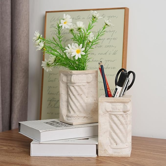 Roman Column Book Ends Decorative, 4-in-1 Heavy Duty Marble Bookend for Shelves, Unique Pen Holder & Mini Flower Vase, Classic Greek Statue for Office Home Desk Decor (2PC, Beige)