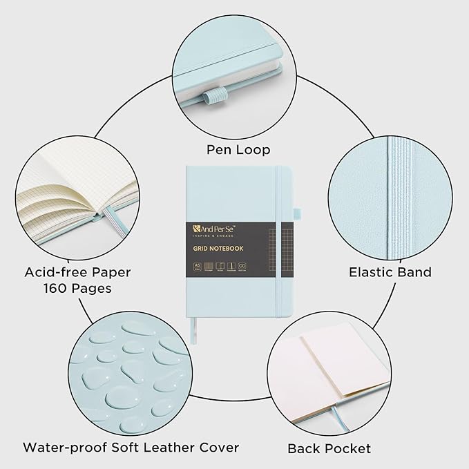 &And Per Se Graph Journal Notebook, 160 Pages, 5.7 x 8 inches College Ruled Thick Paper Notebook Journals for Writing, Grid Hardcover Notebook(1 Pack, cyan)