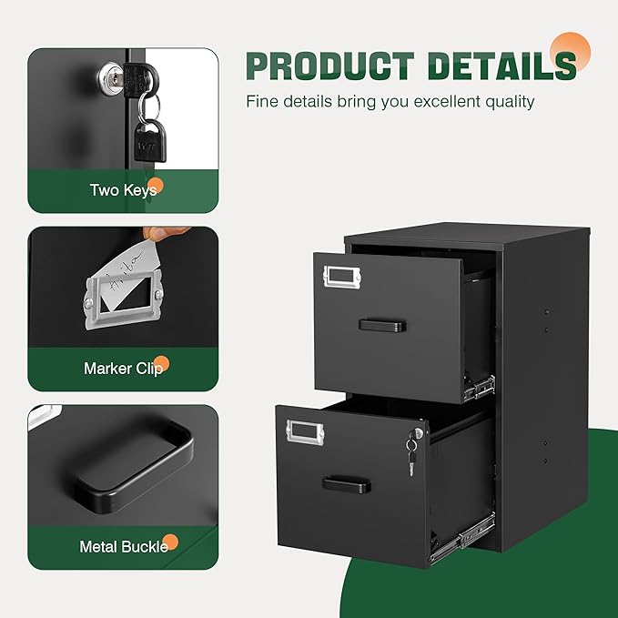 Letaya 2 Drawer File Cabinet with Lock,Metal Office Small Filing Cabinets for Home Office,Storage Letter,Black-Easy Assemble