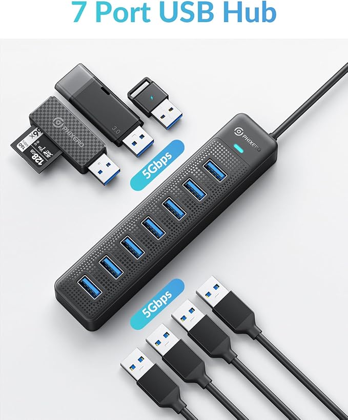 PHIXERO 7 Port USB Hub, 3.3FT/1M Long Cable USB 3.0 Hub Multi USB Port Hub Adapter Extension USB Splitter USB Hub for PC, Compatible with All USB 3.0/2.0/1.1 Device