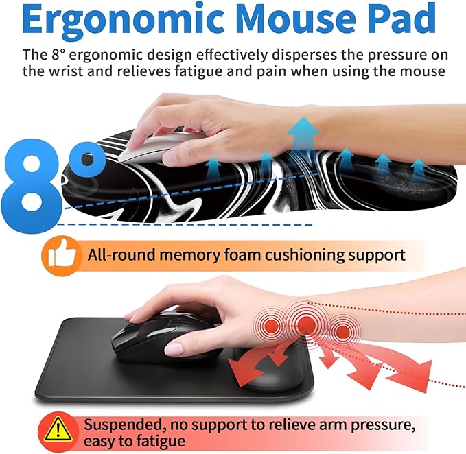 YIWEI Ergonomic Mouse Pad with Wrist Rest Support, Mousepad with Comfortable Memory Foam Wrist Rest and Non-Slip PU Base for Pain Relief, Computer, Laptop, Office, Home (Black-2)