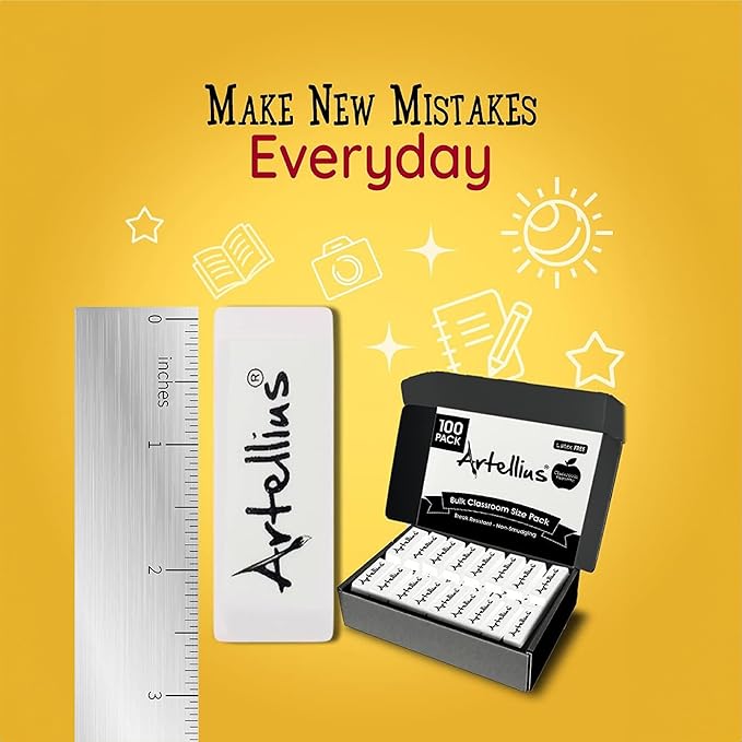 Artellius White Erasers - Large Size Latex & Smudge Free - Bulk School Supplies for Classrooms, Drawing, Teachers, Homeschool, Office, Art Class - Pack of 100 - Teacher Supplies