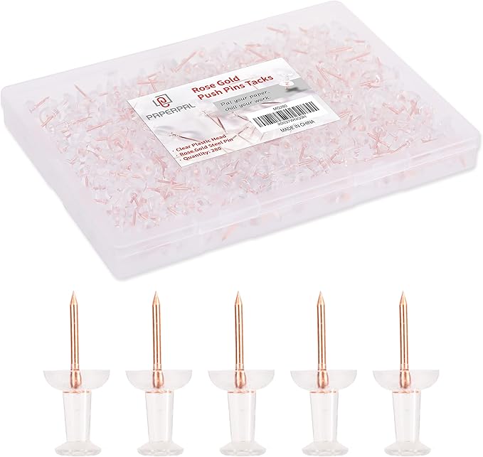 PAPERPAL 280 Rose Gold Push Pins for Cork Board, Clear Thumb Tacks for Wall Hangings, Pushpins for Office School & Personal Use, Standard Size Push Pin Tacks