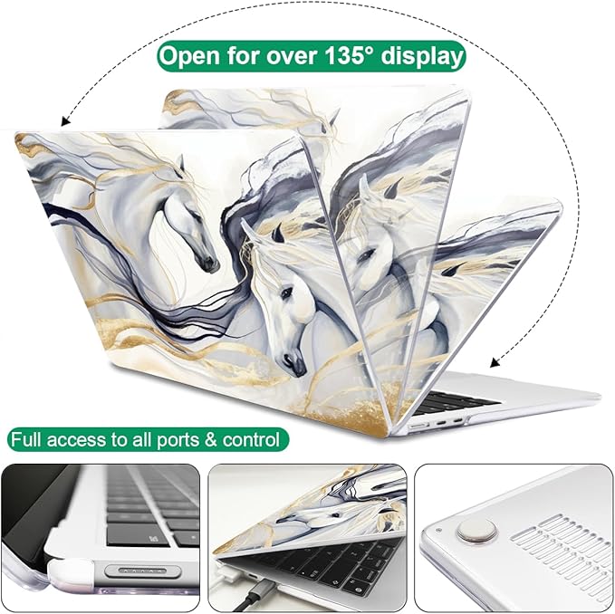 for M4 MacBook Air 13.6 inch Case 2025 2024 2023 2022 Release M4 A3240 M3 A3113 M2 A2681 with Touch ID, Pattern Plastic Hard Shell & Screen Protector & Keyboard Cover, Unique Horse