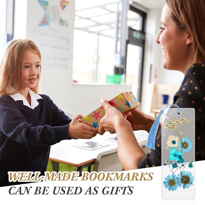 150 Pcs DIY Pressed Dried Flower Bookmark Making Kit, DIY Bookmark Bulk Thanksgiving Teacher Gifts for Reading Women Book Lovers(2 x 6 Inch,Blue Color)