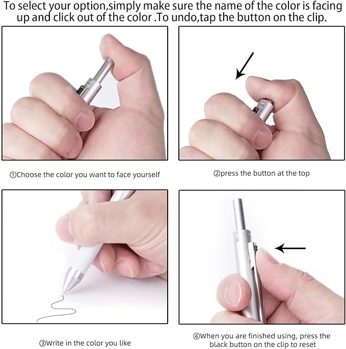 4 in 1 Multi Function Refillable and Retractable Multi Color Pen,Black Red Blue Ballpoint Pen and 0.5mm Multicolor Pencil, Multicolor Pen Gift for Journaling (Grey)