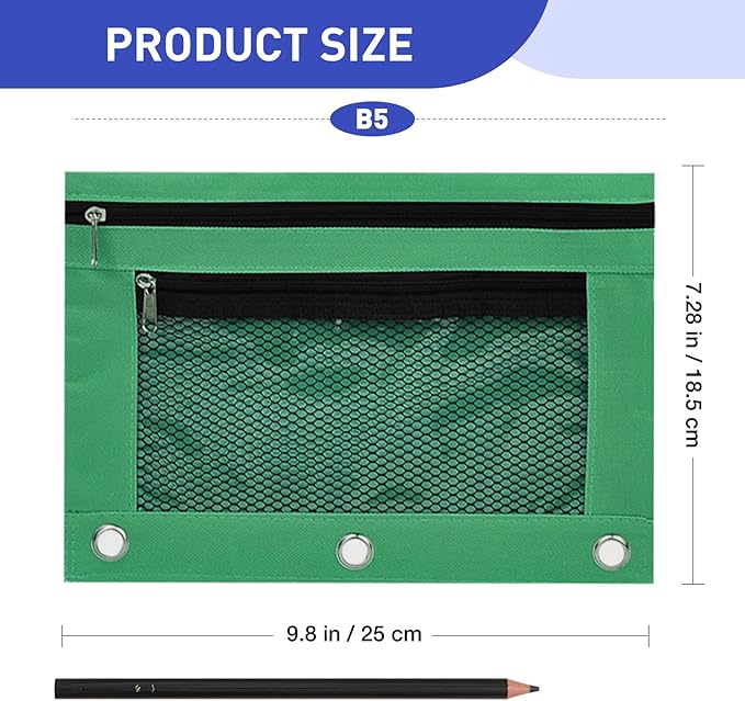 Pencil Pouch for 3 Ring Binder - 3 Hole Zipper Pen Case Bag Holder Bulk Accessories Clear Window Aesthetic Organizer Pockets (Green, 1)