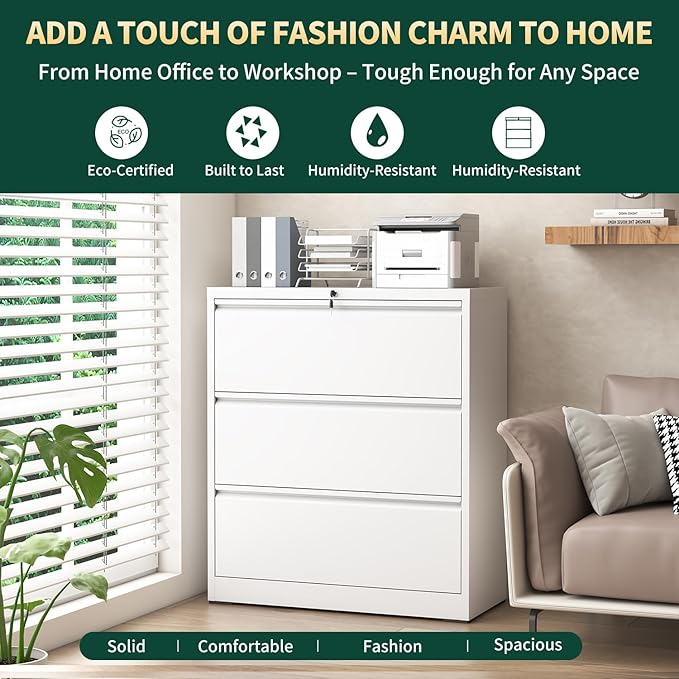 Lateral File Cabinet with Lock, 3 Drawer Metal File Cabinets for Home Office, Large Filing Storage Cabinet Printer Stand, Steel Wide File Cabinet for Legal/A4/F4/Letter Size Files, White