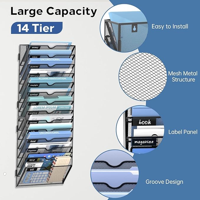 14 Tier Wall Hanging File Organizer, Paper Folder Holder Wall Mounted, Metal Mail Sorter for Office Home School, Black