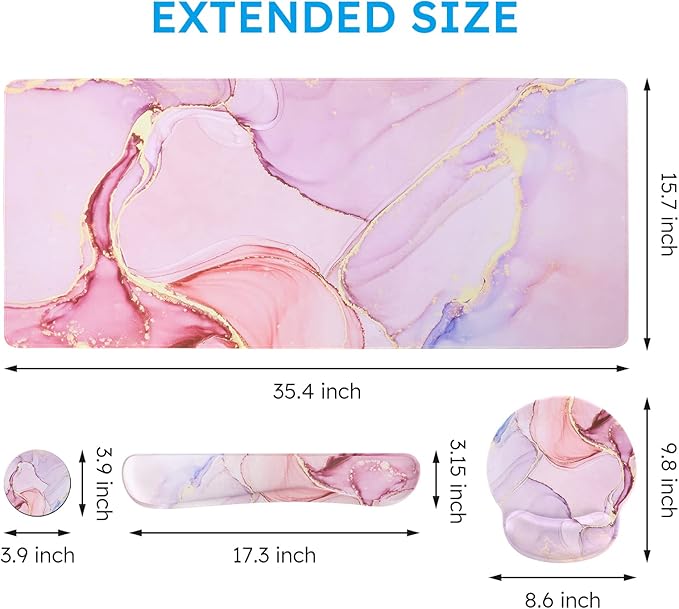 iCasso Desk Mat, Gaming Mouse Pad Wrist Support Set,4in1 XXL Large Mousepad + Keyboard Wrist Rest+Mouse Wrist Rest+Coaster Set with Ergonomic Design for Home Office Table Computer-Glitter Marble