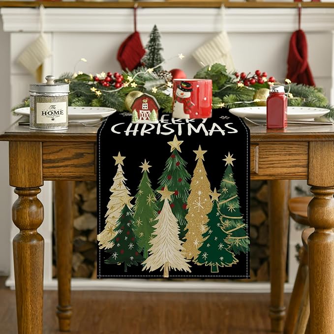 Artoid Mode Xmas Trees Snowflakes Black Merry Christmas Table Runner, Winter Seasonal Kitchen Dining Table Decoration for Home Party Decor 13x120 Inch