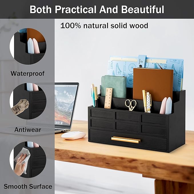 Black Wood Desk Organizer and Accessories with Drawer, Bill Mail Organizer and File Mail Holder for Office Supplies, Rustic Desk Accessories & Workspace Organizers for Desk Organization