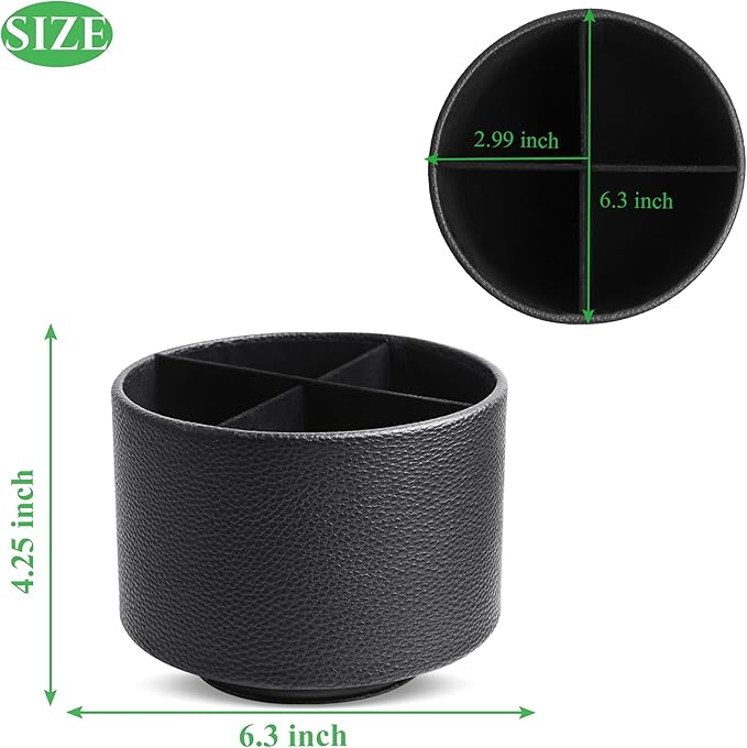 Hennaja Round Leather Art Supply Organizer,Remote Control Holder,360 Degree Spinning,Multi-Functional Pencil Holder,4 Compartments Desktop Stationary Organizer(1-Lichee Black)