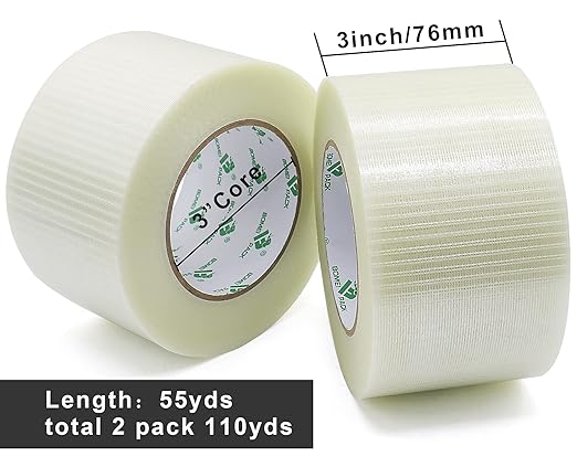BOMEI PACK Fiber Reinforced Packing Tape, Clear Bi Directional Filament Strapping Tape 3Inch x 55yds 6.7Mil, Total 110yds