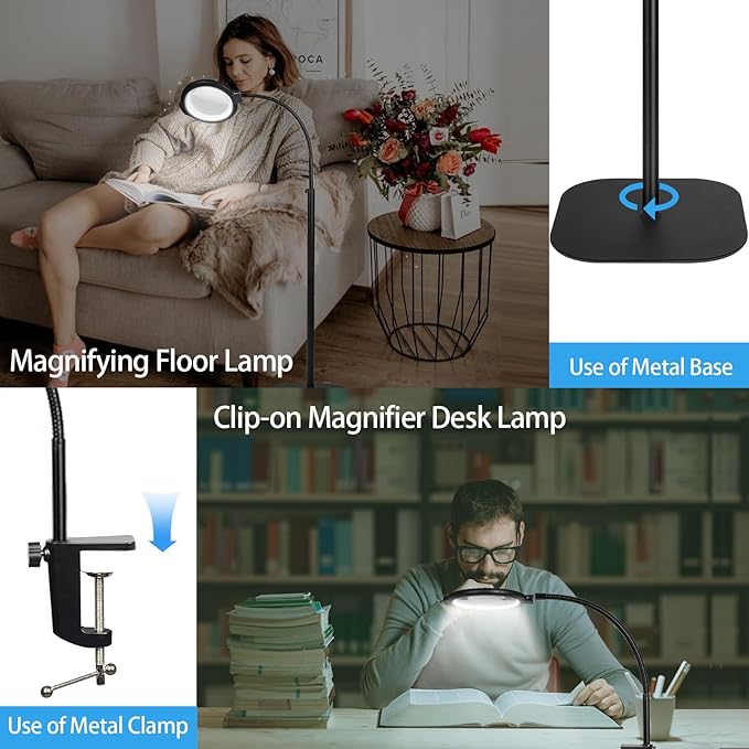 12X Large Magnifying Glass with Light and Floor Stand, Flexible Gooseneck Floor Lamp, 5.2" Lighted Magnifier Hands Free with 5 Color Mode 10 Adjustable Brightness, Clamp for Close Work,Sewing, Repair