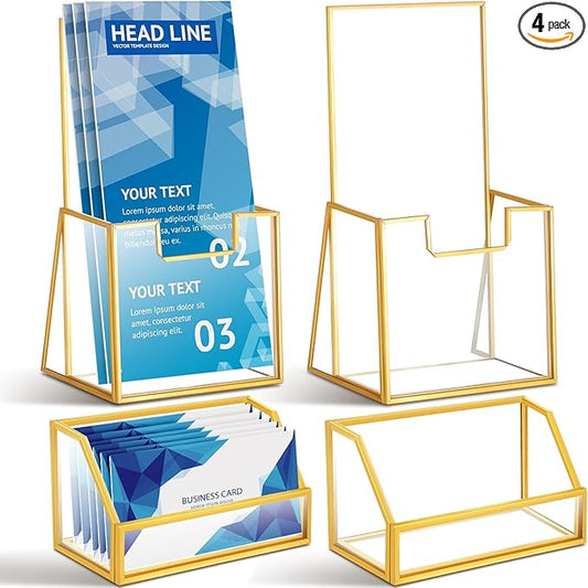 4 Pcs Glass Display Stand Set 2 Gold Glass Brochure Holder Stand 2 Gold Business Card Holder for Office Desktop Countertop Name Card Magazine Literature Journal (4 x 8 '')