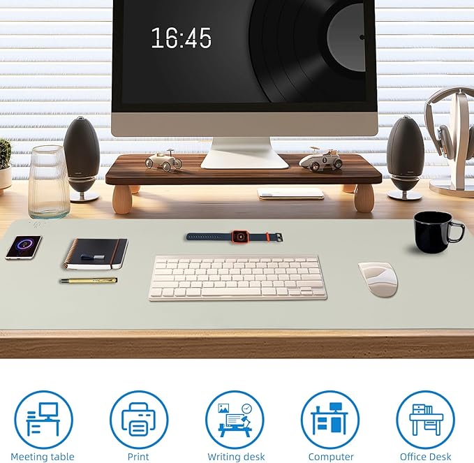 Wireless Charging Mouse Pad with for Desktop Charging Large Desk Mat 32"x16" Waterproof Gray Leather Computer Mat Mousepad Non-Slip Protector on Top of Desks for Keyboard and Mouse (Gray-L)