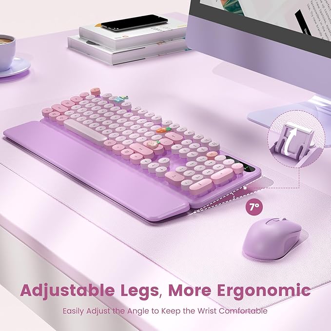 Wireless Keyboard and Mouse Combo-Round Keycaps, Full-Size Retro Typewriter Keyboard with Detachable Wrist Rest, Sleep Mode & Tilt Legs, 2.4GHz Cordless Connection for Mac/Windows/PC (Lavender Purple)
