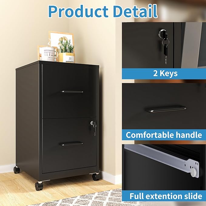 2 Drawer File Cabinet with Lock,Small Rolling Metal Office Storage Mobile Filing Cabinet with Wheels Under Desk,Vertical Locking File Cabinets for Home Office,Required Assembly,White