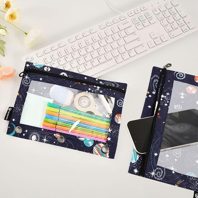 ZAZYXTJ Personalized Space Binder Pencil Pouchs 3 Ring with Zipper Clear Window Office Organizers bag for School Students Teacher Supplies 2 Pack