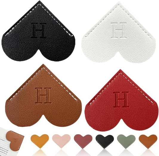 Personalized Leather Heart Bookmark, 26 Letters Customized Corner Book Mark for Reading, Book Holder Markers with Initials Page Book Accessories Cute Gifts (Black+White+Dark Brown+red,H)