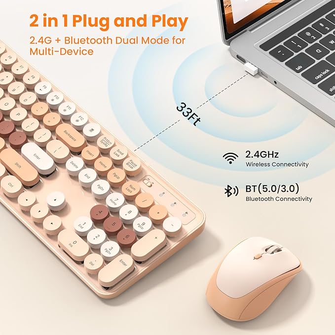TECKNET Retro Typewriter Keyboard and Mouse Combo, Full Size 2.4G & Bluetooth Dual Mode Wireless Keyboard with Round Keycaps, Colorful Design, Ergonomic Adjustable Tilt, Spill-Resistant, for Windows