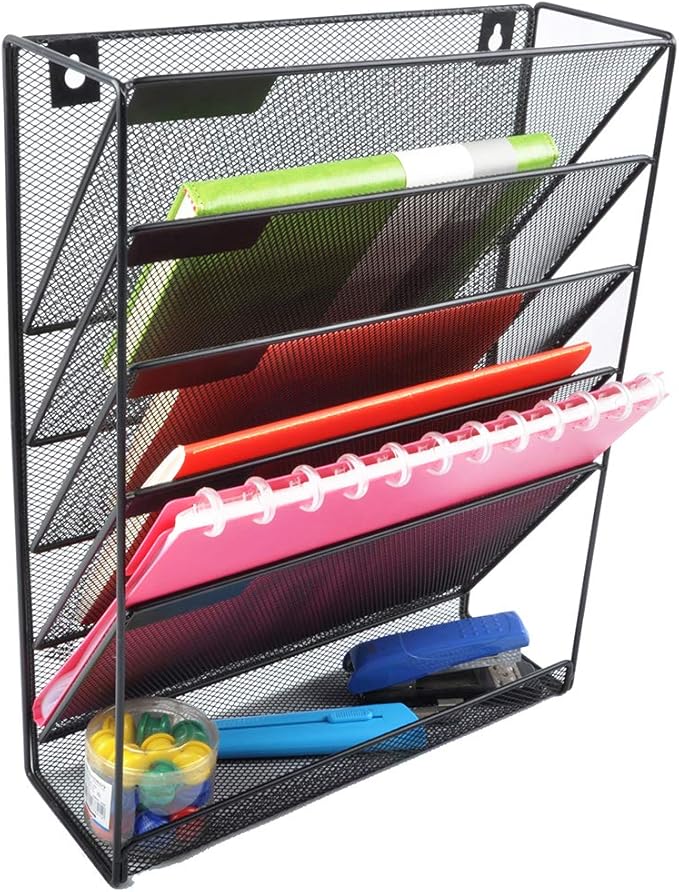 EASEPRES Hanging File Holder Organizer, 6 Tier Mesh Metal Wall Mount Document Letter Tray Organizer for Office Home, Black