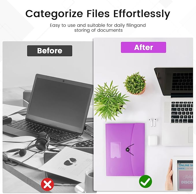 13 Pocket Expanding File Folder Accordian File Organizer, A4 Letter Size Paper Document Receipt Holder for School Office Supplies, Purple