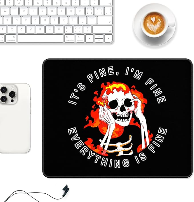 Auhoahsil Mouse Pad, 12 x 10 in Cute Skull Theme Computer Mouse Pad for Desk, Premium-Textured Non-Slip Rubber Stitched Edges Waterproof Square Mouse Mat for Gaming Work Wireless Mice, I am fine