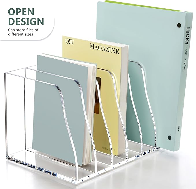 SANRUI Acrylic Magazine File Holder, 6 Vertical Compartments Desk Document Sorter Organizer, Clear Folder Rack Binder Bookstore Workspace Sorters for Office Accessories Organization Storage