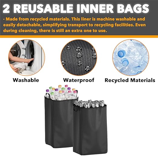 SpaceAid Recycling Bin for Kitchen 26 Gallon, 100L Recycle Bin with Lid and 2 Reusable Inner Bags, for Bottle Can Glass Plastic Stickers, Black