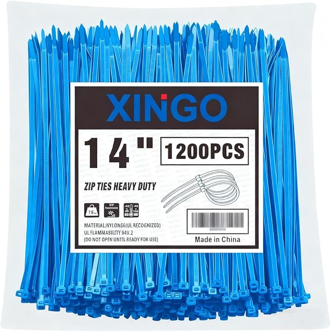 XINGO 14 Inch Blue Zip Ties 1200 PCS, 75 LBS Ultra Strong Tensile Strength, UV Resistant Cable Ties, Self-locking Plastic Ties for Indoor and Outdoor Use