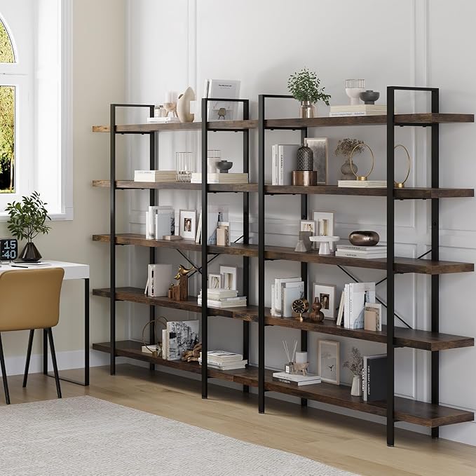 Heavy Duty 5-Tier Industrial Bookcase, 47" Wide Wood Bookshelf for Home Office, 120lbs Shelf Capacity, Rustic Open Shelving Display with Reinforced Horizontal Shelf for Living Room Bedroom