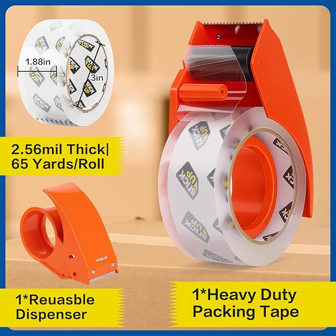 STICK UP Heavy Duty Packing Tape with Dispenser, 1 Roll, 1.88" x 65 YDs, Clear Strong Adhesive Package Sealing Tape for Shipping Moving Boxes, Mailing Supplies and Storage