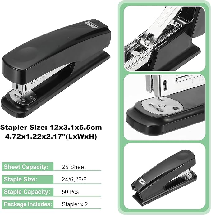 M&G Office Desktop Stapler, 25 Sheet Capacity Basic Staplers Jam Free Standard Stapler Office Accessories Supplies with Two Binding Modes for Home Office Classroom, Black, 2 Pcs